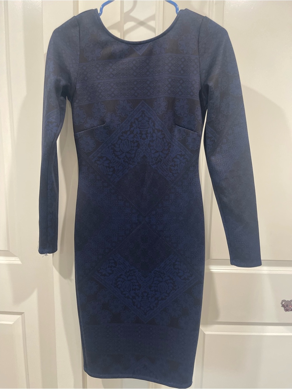 Kardashian Kollection Navy Jacquard Long Sleeve Midi Dress